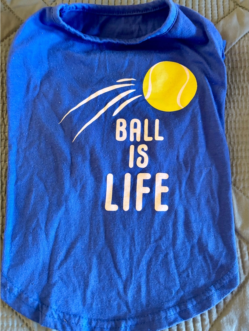 Blue "Ball Is Life" Dog Tee with Yellow Tennis Ball Graphic